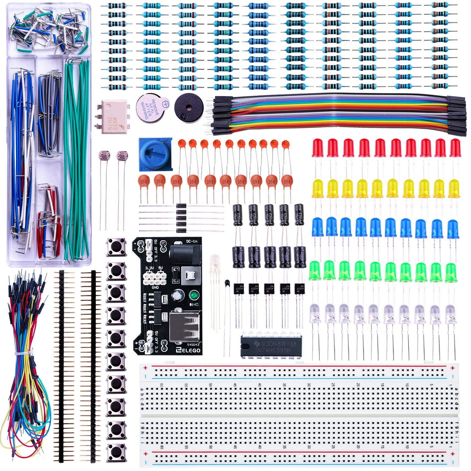 ELEGOO Kit Électronique Mis à Jour avec Module d'alimentation, Câbles Jumpers, Potentiomètre de précision, Plaque de Test 830 Points pour Arduino UNO R3 Mega 2560 Nano Raspberry Pi et STM32