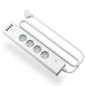 meross Multiprise Connectée WiFi avec 4 Prises et 4 USB Ports, Multiprise Intelligente Compatible avec Alexa, Google Home et IFTTT, 2400W 10A Multiprise avec Contrôle à Distance et Fonction de Temps